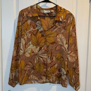 Le Caviar Vintage Long Sleeve Button Down Blouse Autumn Leaves Shoulder Pads M